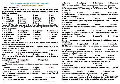 Bài tập trắc nghiệm Tiếng Anh Lớp 11 thí điểm - Unit 3 Becoming independent